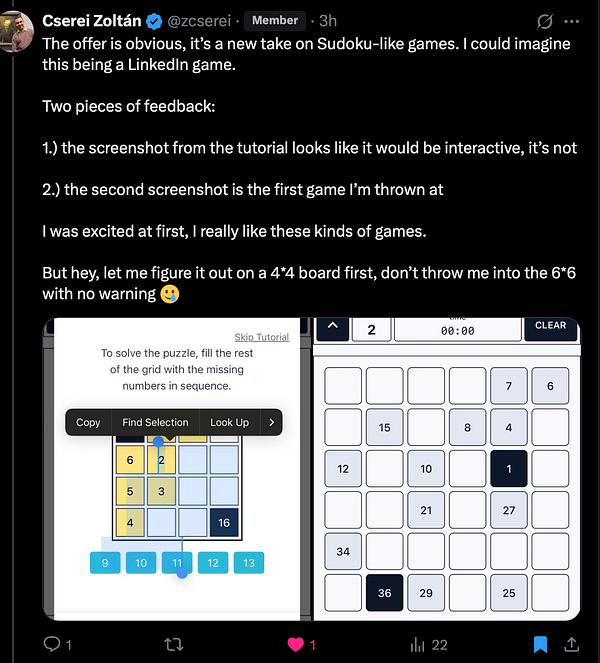 The image features a Twitter post discussing feedback on a new Sudoku-like game, accompanied by two screenshots of the game interface.