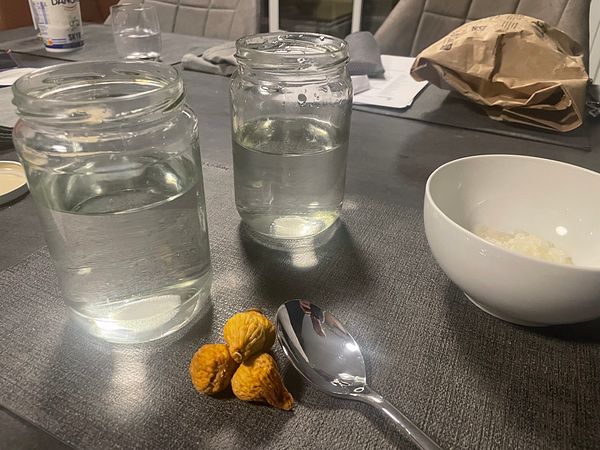 A glass jar containing a SCOBY for fermenting kefir sits on a wooden surface next to ingredients like lemon and a bowl of sugar.