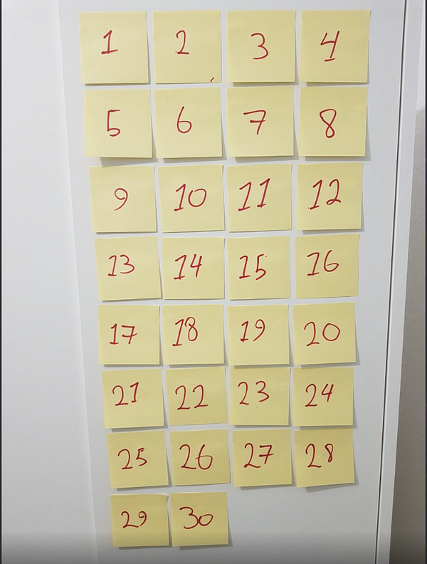 A grid of yellow sticky notes displaying numbers from 1 to 30.