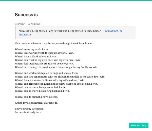 A reflective post about success, emphasizing personal achievements and family moments.