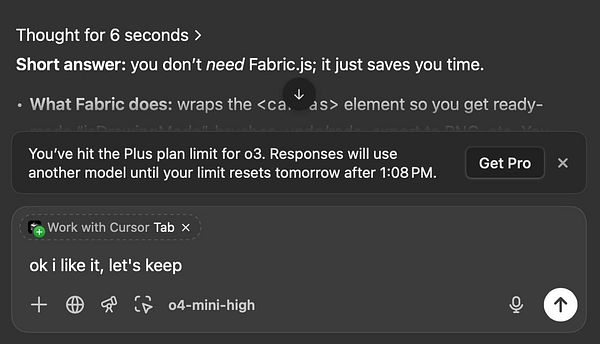 The image displays a screenshot of a chat interface discussing the Fabric.js library and a subscription limit notification.