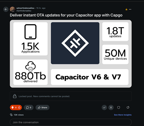 The image presents statistics related to the Capacitor app and its performance metrics with Capgo.