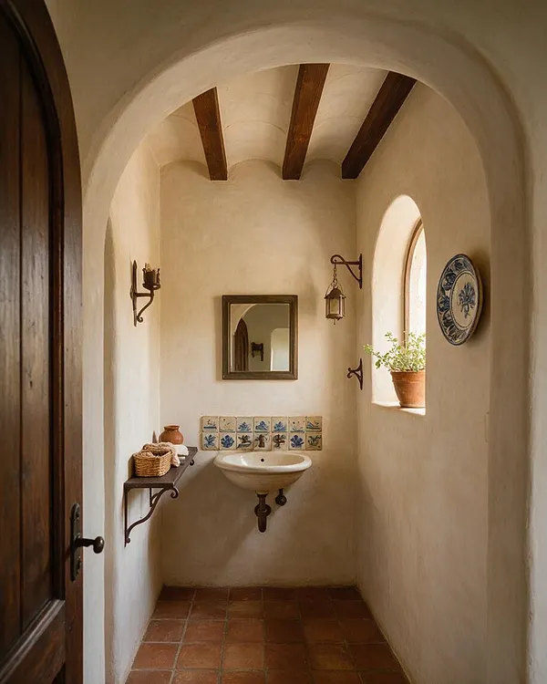 A narrow Mediterranean-style bathroom with smooth cream plaster walls, a vaulted ceiling with exposed dark wood beams, terracotta tile flooring, and an arched window letting in natural light. A small wall-mounted sink sits beneath a square mirror, with blue-and-white decorative tiles, wrought-iron sconces, and a terracotta potted plant on the windowsill.