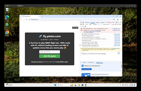 A Windows 11 emulator displays the website fly.pieter.com along with developer console errors.