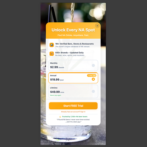 The image displays a subscription paywall interface for a non-alcoholic beverage finder app.