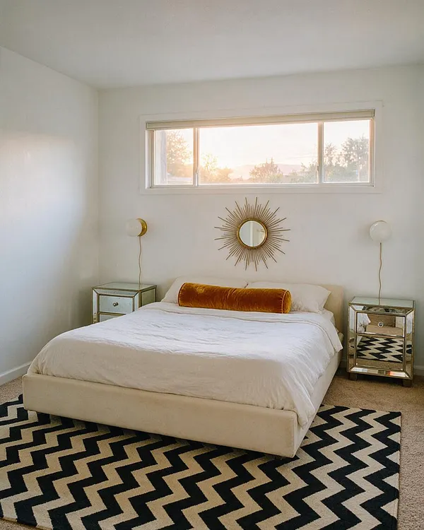 A bright master bedroom with white walls, a low upholstered bed dressed in white bedding, and a gold velvet bolster pillow. Mirrored nightstands with globe lamps flank the bed, while a gold sunburst mirror hangs on the wall above. A bold black-and-cream chevron rug anchors the room under warm natural light from a wide horizontal window.