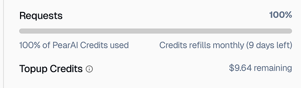 The image displays a credit usage dashboard for PearAI services.