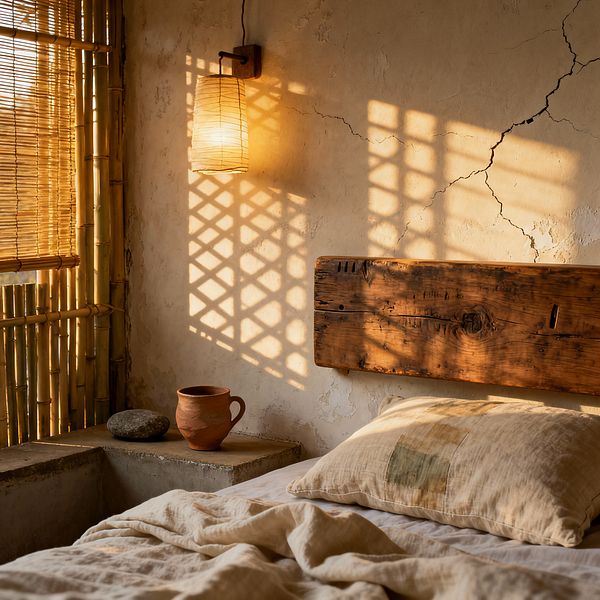 A wabi-sabi bedroom corner with a low bed dressed in crumpled beige linen beneath a reclaimed wooden headboard. Sunlight filters through bamboo screens, casting lattice shadows on a cracked, sand-colored plaster wall. A cylindrical paper lantern sconce glows warmly above a raw concrete ledge holding a terracotta mug and a smooth river stone. The palette is earthy and warm, highlighting natural textures and visible wear.
