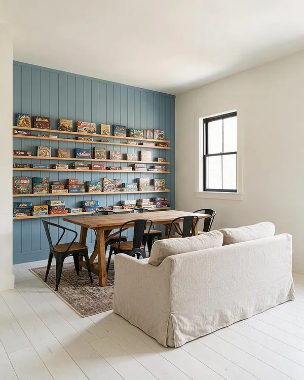 A bright farmhouse-style game room with white painted floors, an oatmeal slipcovered sofa, and a rustic wood game table with black metal chairs. A blue paneled accent wall with long floating shelves displays rows of board game boxes, and a black-trimmed window brings in natural light.