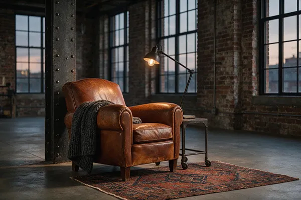 A moody industrial loft corner features a worn brown leather armchair on a patterned rug, draped with a dark knit throw. Beside it sits a small metal side table with a black adjustable floor lamp, set against exposed brick walls, steel beams, and large factory-style windows.