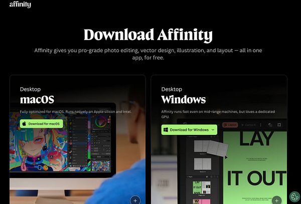 Screenshot of Affinity Designer software interface showing a colorful bird design.