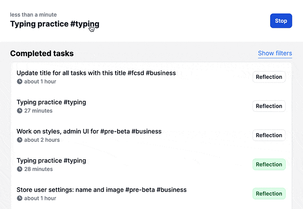 The image displays a task management interface showing completed tasks with various tags and time durations.