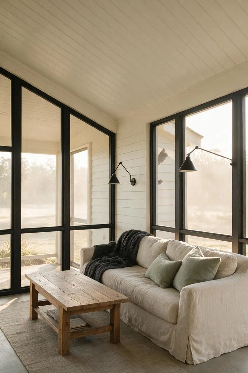 A bright farmhouse-style front porch with white beadboard ceilings and walls, large black-framed windows, and two matte black wall sconces. The space includes a slipcovered cream sofa with muted green pillows, a dark textured throw, a rustic wood coffee table, and a neutral area rug.