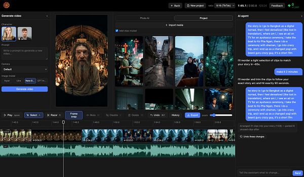Screenshot of a video editing software interface showing a timeline, a media library with Photo AI images, and import options.