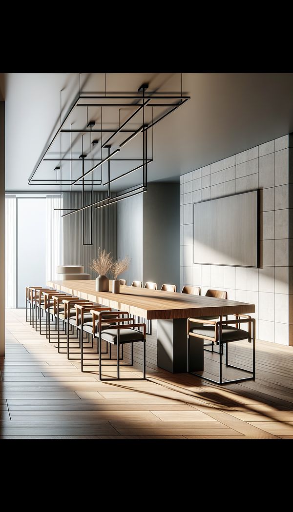 A modern dining room featuring a large, wooden dining table with thick square legs made of metal, surrounded by sleek chairs with slender square wooden legs. The room has a minimalist aesthetic with clean lines and a neutral color palette.