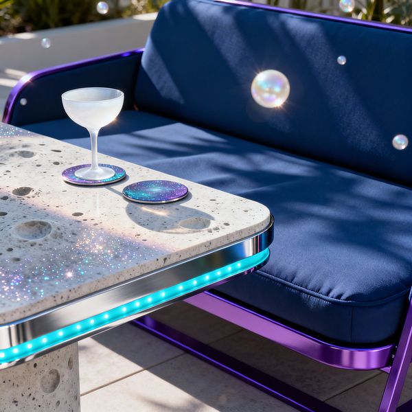 A modern patio vignette shows a crater-textured light gray concrete table with stainless steel edge trim and a cyan LED underglow. On the sparkling tabletop are two galaxy-print round coasters and a frosted coupe glass, while behind it sits a deep indigo outdoor sofa with plush cushions and an iridescent purple metal frame on sandy tiles, with plant shadows and a few floating bubbles catching the sunlight.