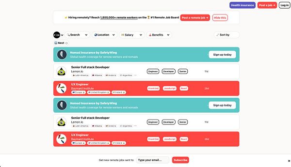 The image displays a job board interface for remote job listings.