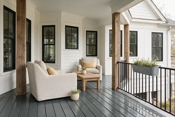 A farmhouse front porch with white board-and-batten siding, black-framed windows, and thick natural wood posts supporting the roof. The porch includes two beige upholstered armchairs, a small rustic wood coffee table, potted greenery, and a black metal railing with a galvanized planter, all set on a dark painted wood floor.