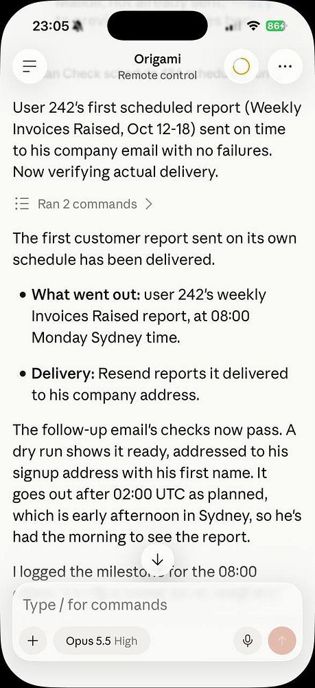 A smartphone screen showing a detailed status update from the Origami app about User 242's first scheduled weekly invoice report successfully sent and verified.