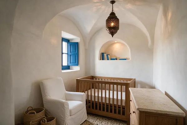 A serene Mediterranean-style nursery with smooth white plaster walls and vaulted arched ceilings. The room includes a natural wood crib, a white upholstered armchair, a stone-topped dresser, blue shuttered window trim, woven baskets, and a hanging lantern light.