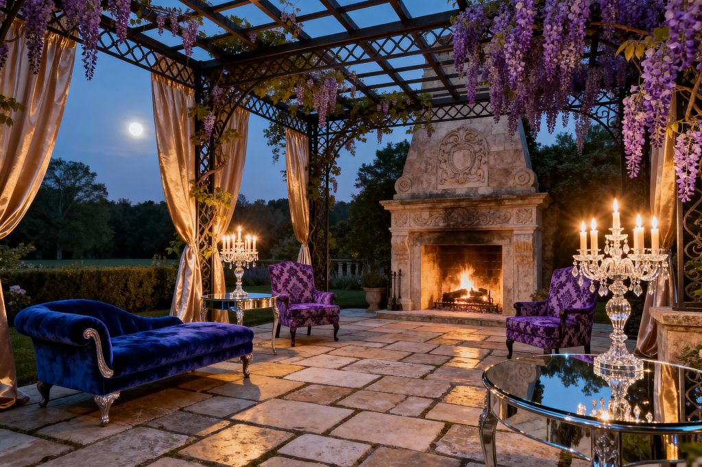 An outdoor patio beneath a wrought-iron pergola is draped with gold satin curtains and cascading purple wisteria, centered on a large carved limestone fireplace with a blazing fire. Seating includes a royal-blue velvet chaise with silver cabriole legs and two purple damask armchairs, arranged around mirrored side tables topped with crystal candelabras; the flagstone floor glows in candlelight as a full moon rises over the surrounding lawn and trees.