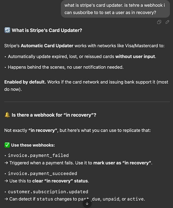 The image displays a conversation about Stripe's Automatic Card Updater and webhooks related to payment recovery.