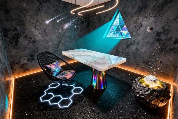 A compact home office with dark, nebula-patterned walls features a white onyx desk on an iridescent cone pedestal beneath a curved linear LED pendant. A black woven chair rests on a hexagon LED floor motif; a triangular prismatic-glass installation beams cyan light, while warm perimeter strips and a cratered planter with a glowing moon sphere complete the space.