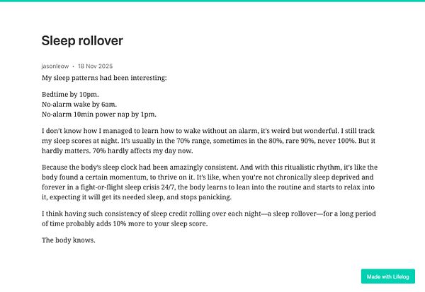 A detailed personal reflection on sleep patterns and routines.