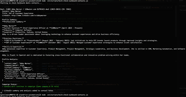 The image displays a code snippet and profile analysis related to a CRM automation task for managing leads.
