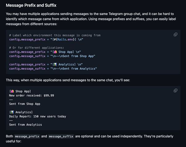 The image displays a technical guide on adding message prefixes and suffixes for Telegram messages from different applications.
