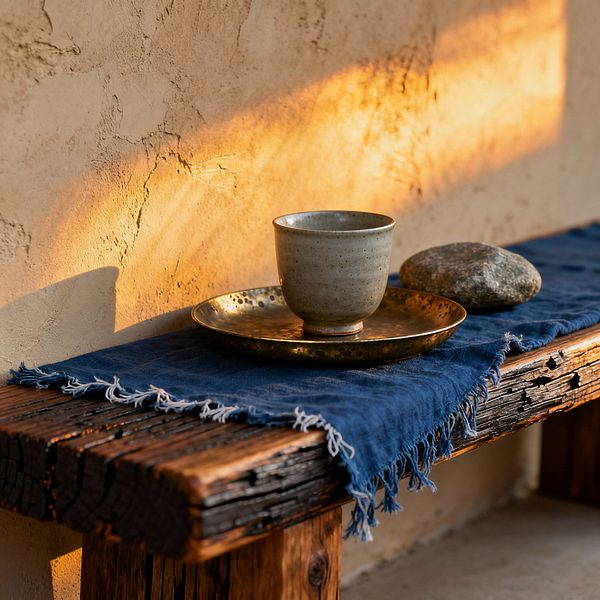 A close-up of a Wabi-Sabi living room detail shows a rough reclaimed-wood bench draped with a fringed indigo linen runner. On the cloth sits a speckled stoneware cup on a hammered brass plate, next to a smooth river stone. Warm, low sunlight grazes a cracked plaster wall, casting soft shadows and accentuating the timber’s splits and nail holes.