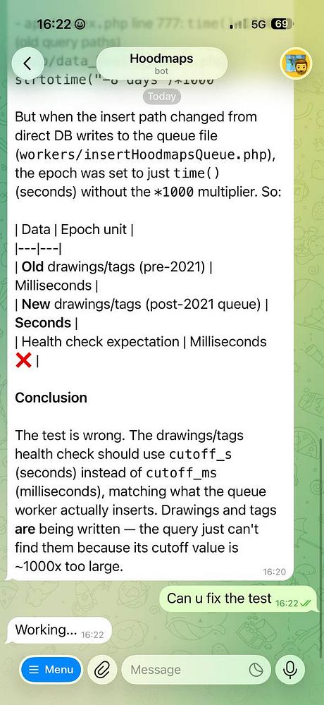 Screenshot of a CLI health check output for hoodmaps including various status checks and version info.