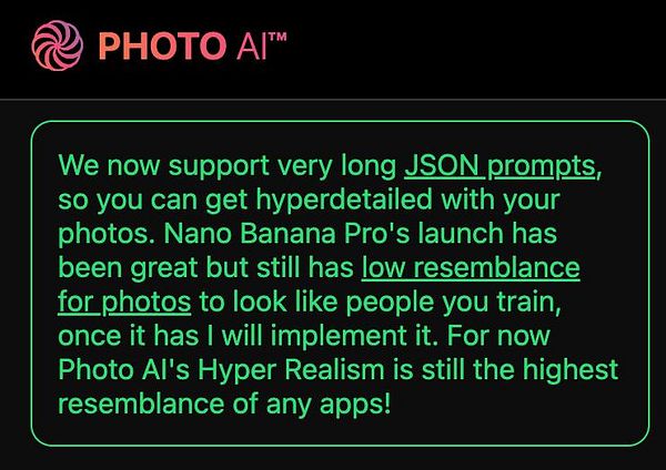 The image features a promotional message for a photo AI application highlighting its support for long JSON prompts.