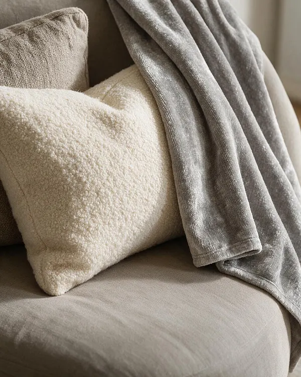 A close-up of a transitional sofa styled with layered neutral textiles, including a boucle pillow, a textured taupe cushion, and a draped gray throw. The upholstery and fabrics create a soft, cozy, and refined look with warm beige and gray tones.