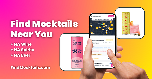 A promotional image for a mocktail finder app featuring various non-alcoholic beverages.