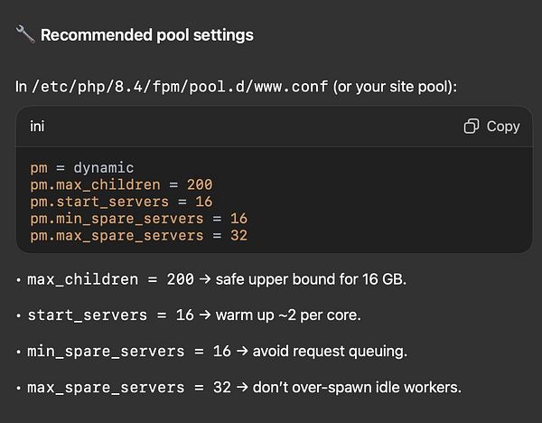 The image displays recommended PHP-FPM pool settings for optimizing performance.