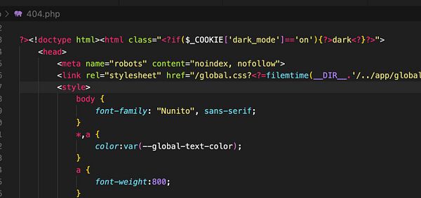 The image displays a code snippet from a PHP file named '404.php'.