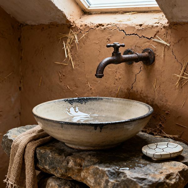 A Wabi-Sabi bathroom vignette shows a wall-mounted, weathered iron faucet dripping into a hand-thrown ceramic vessel sink set on stacked rough stone slabs. The walls are clay plaster mixed with visible straw and organic cracks beneath a small skylight. A coarse burlap towel lies on the stone, and a crackle-glazed soap dish rests beside the basin, all in warm, earthy neutrals.
