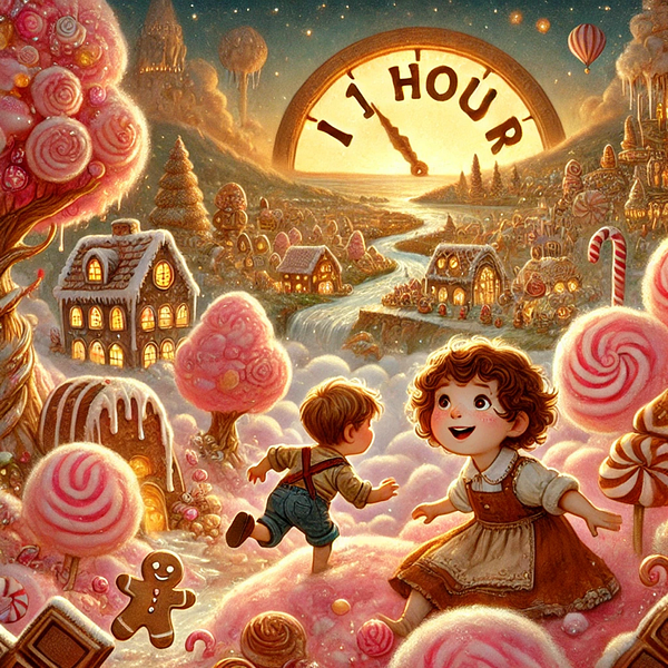 A whimsical scene depicting two children in a candy-themed landscape with a large clock showing '11 HOUR'.