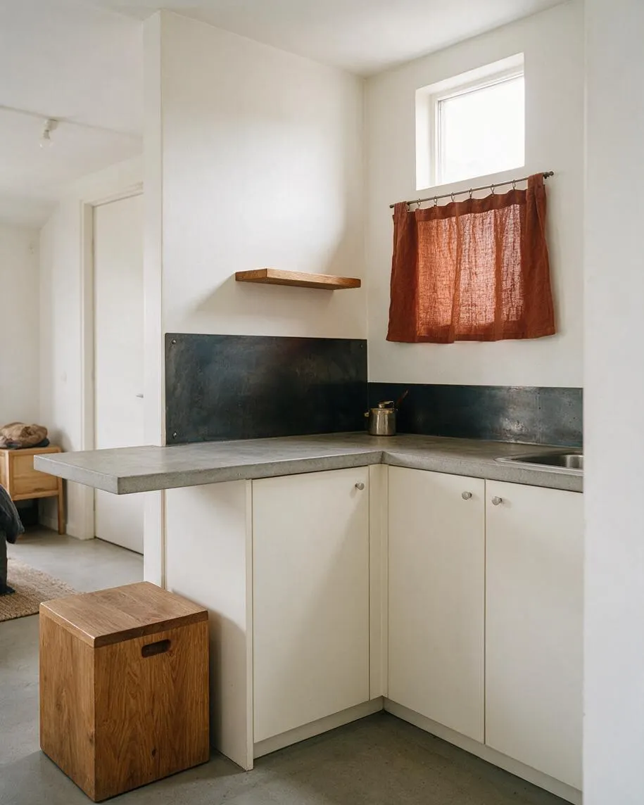 A compact kitchen with off-white cabinet fronts, a thick raw concrete countertop, and dark metal backsplash panels forming an L-shaped work area. A small wooden shelf, rust-colored curtain, and matching wooden stool soften the otherwise minimal, brutalist-inspired space.