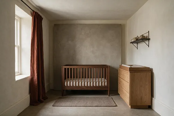 A minimal nursery with a wooden crib centered against a textured gray accent wall, a light oak changing dresser on the right, and a small rug on the floor. A tall window with rust-colored curtains brings soft natural light into the room, while a simple black wall shelf adds a subtle industrial detail.