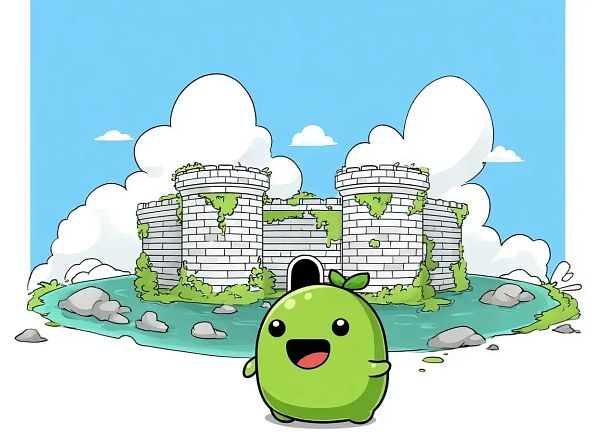 A cheerful green character stands in front of a whimsical castle surrounded by water and clouds.