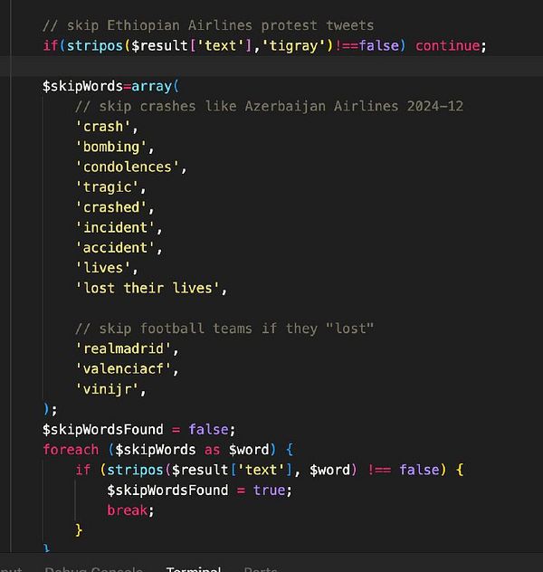 The image displays a code snippet related to filtering tweets based on specific keywords.