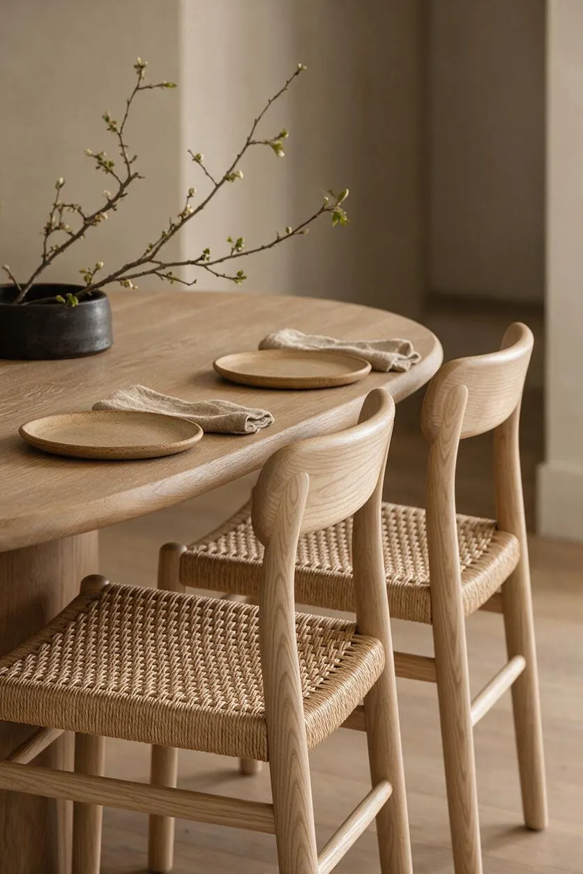 A serene dining vignette features a rounded light oak table set with simple ceramic plates and folded linen napkins. Two woven rush bar stools with curved pale wood backs sit beneath the table, while a dark ceramic vase holds delicate branching stems on the tabletop.