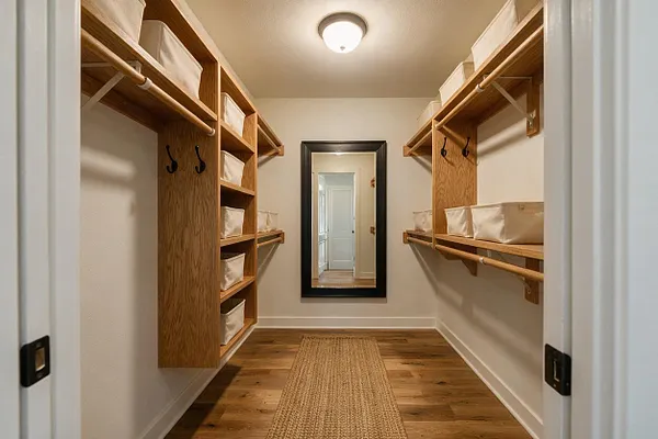 A narrow walk-in closet with built-in open shelving and hanging rods on both sides, finished in warm wood tones. White storage bins sit on the shelves, a woven runner rug lines the wood floor, and a large black-framed mirror reflects the hallway beyond under a simple ceiling light.