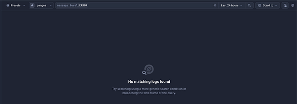 The image displays a log search interface showing no errors in the last 24 hours.