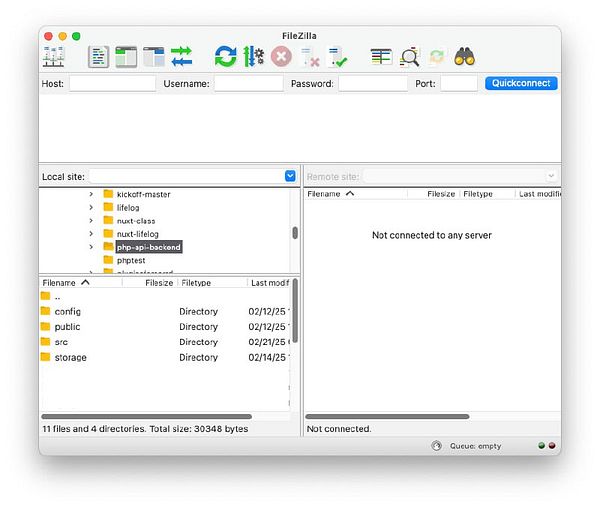 The image displays the FileZilla FTP client interface with a local directory structure and no active server connection.