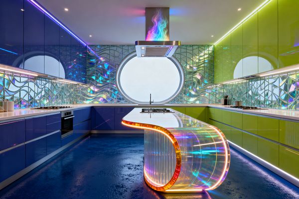 U-shaped kitchen with glossy cobalt-blue cabinets on the left and vivid chartreuse cabinets on the right, anchored by a sculptural S-curved island of translucent acrylic with LED edges and a white worktop housing a gas cooktop. A holographic wave-pattern glass tile backsplash wraps the room beneath linear LEDs, a circular porthole window centers the sink, a stainless range hood glows rainbow, and a deep blue resin floor grounds the psychedelic palette.