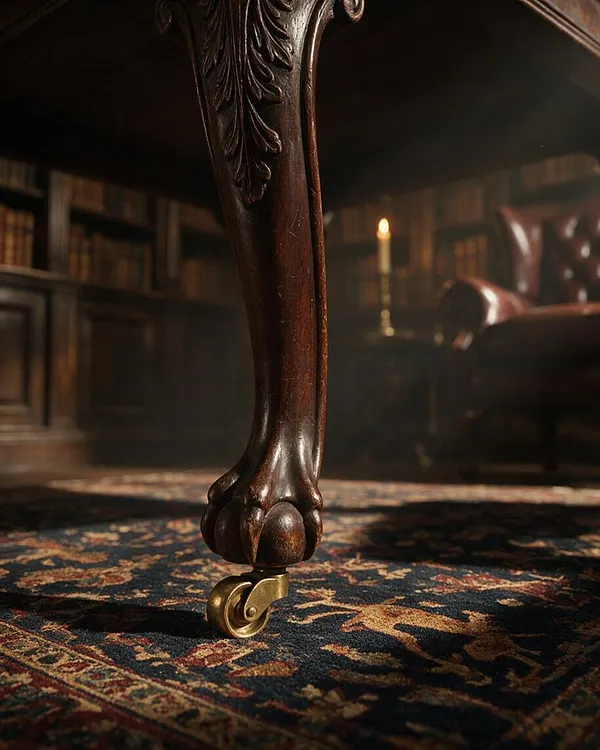 A close-up view of an ornate dark wooden furniture leg with carved details and a small brass caster resting on a patterned oriental rug. In the softly blurred background, bookshelves, a leather armchair, and a single candle create a warm, scholarly atmosphere.