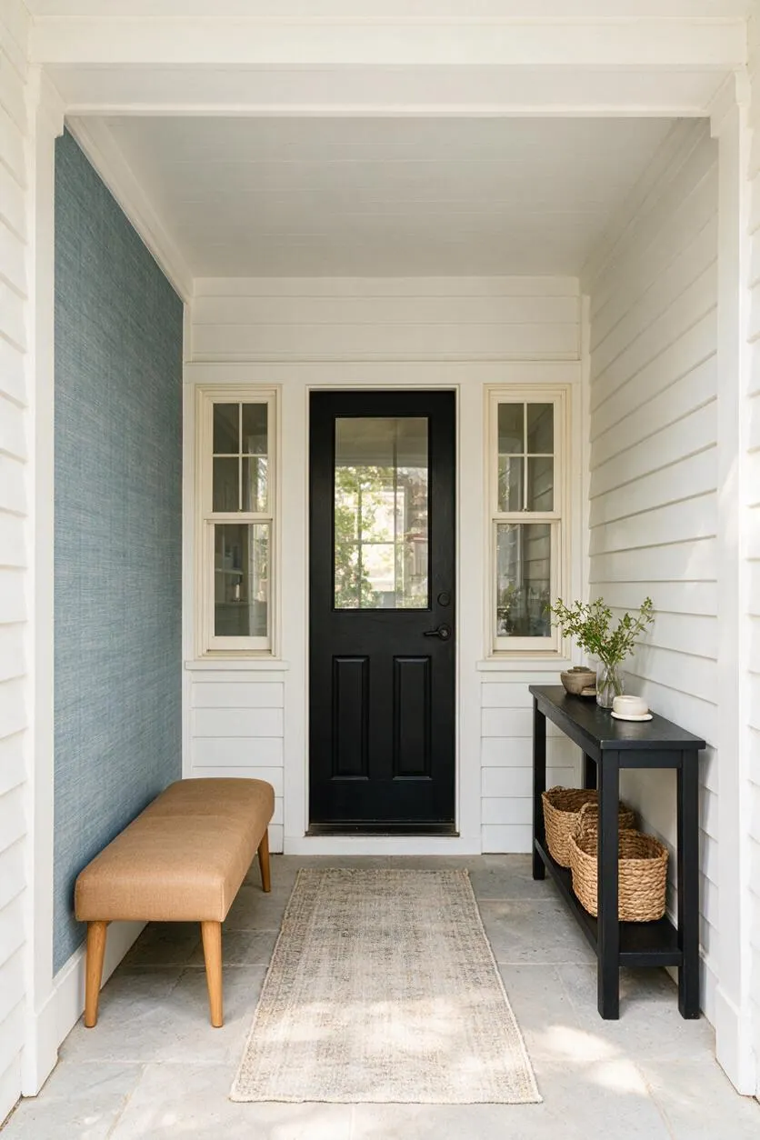 A narrow transitional front porch with white horizontal siding, a black front door with glass inset, and matching sidelights. A tan upholstered bench sits on the left, while a slim black console with baskets and a vase decorates the right side, all grounded by a neutral runner on the stone floor.